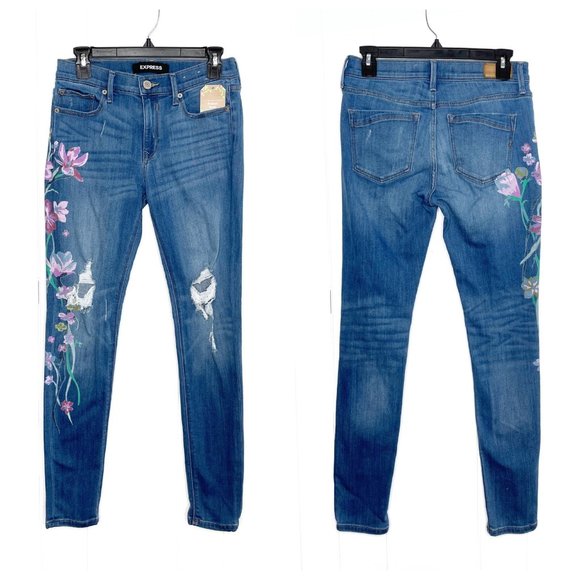 Express Floral Design Mid Rise Legging Jeans Size 4R - Picture 1 of 9
